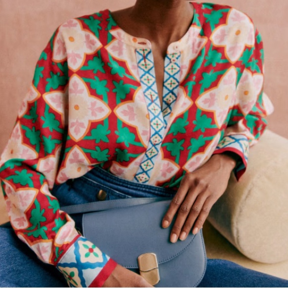 SÉZANE Olaya Long Sleeve Shirt, Tiles Print, FR46/US14